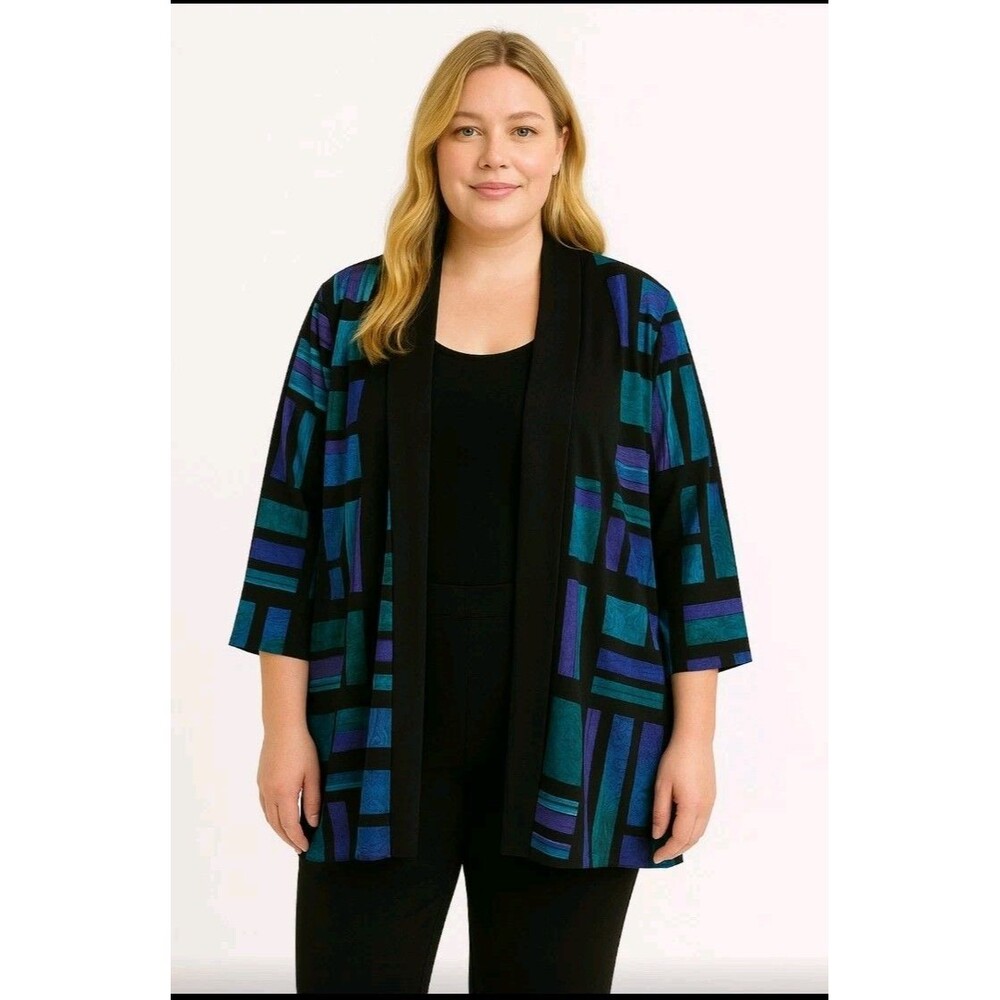Vintage Top Notch Geometric Pattern Open Front Kimono Blouse 20W